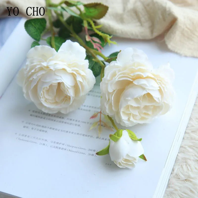 YO CHO Rose Artificial Flowers 3 Heads Pink White Peonies Silk Flower Wedding Garden Decoration Fake Flower Bouquet Peony Color