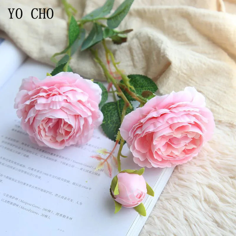 YO CHO Rose Artificial Flowers 3 Heads Pink White Peonies Silk Flower Wedding Garden Decoration Fake Flower Bouquet Peony Color