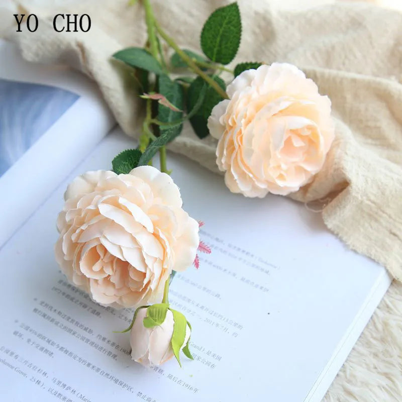 YO CHO Rose Artificial Flowers 3 Heads Pink White Peonies Silk Flower Wedding Garden Decoration Fake Flower Bouquet Peony Color