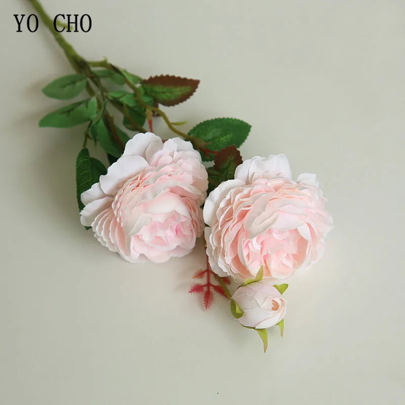 YO CHO Rose Artificial Flowers 3 Heads Pink White Peonies Silk Flower Wedding Garden Decoration Fake Flower Bouquet Peony Color