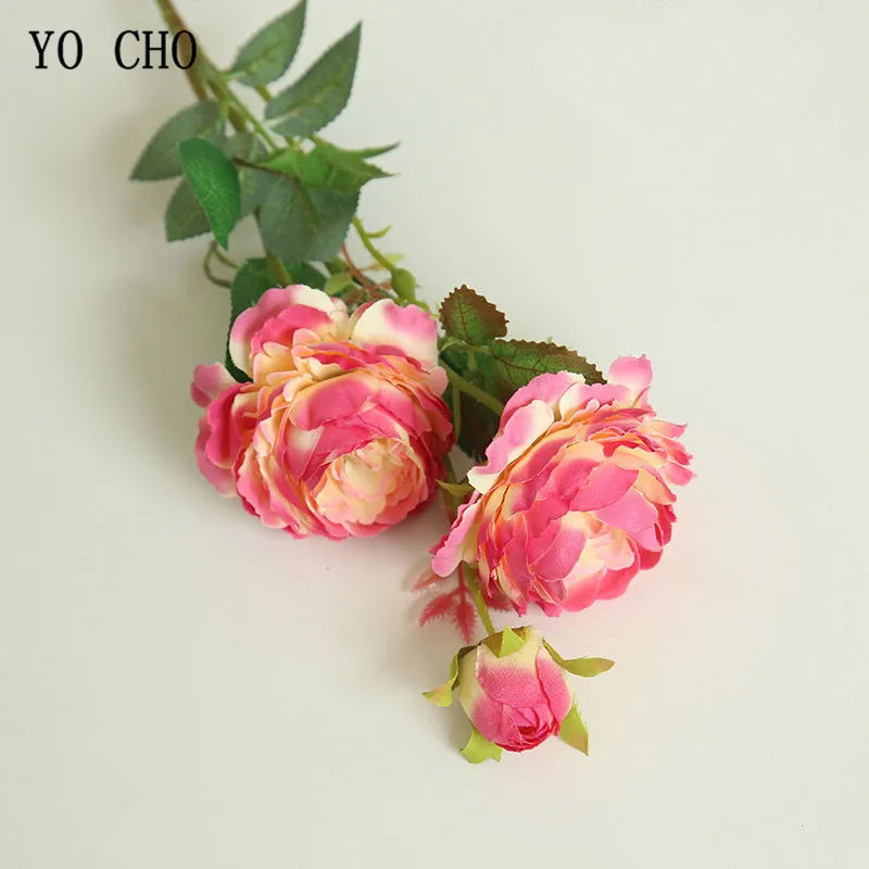 YO CHO Rose Artificial Flowers 3 Heads Pink White Peonies Silk Flower Wedding Garden Decoration Fake Flower Bouquet Peony Color