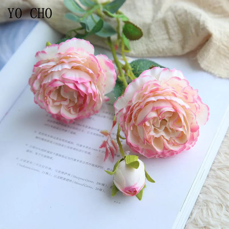 YO CHO Rose Artificial Flowers 3 Heads Pink White Peonies Silk Flower Wedding Garden Decoration Fake Flower Bouquet Peony Color