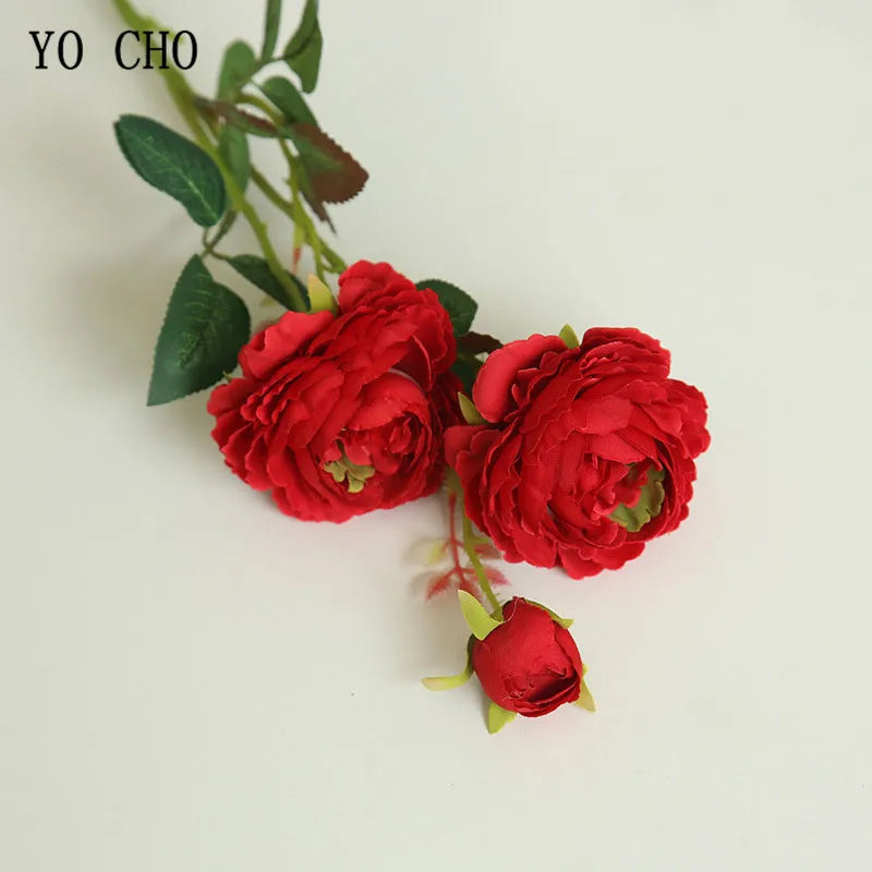 YO CHO Rose Artificial Flowers 3 Heads Pink White Peonies Silk Flower Wedding Garden Decoration Fake Flower Bouquet Peony Color