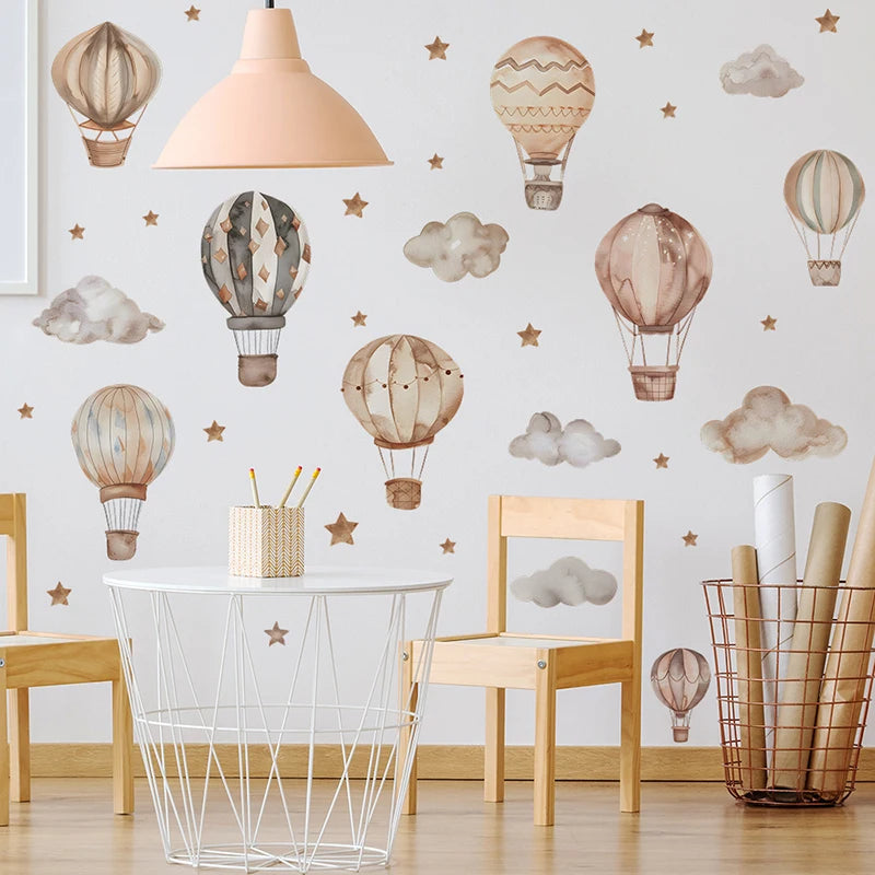 Cartoon Hot Air Balloon Wall Stickers for Kids Rooms Children Room Nursery Baby Room Decoration Cloud Stars Wall Decal Wallpaper