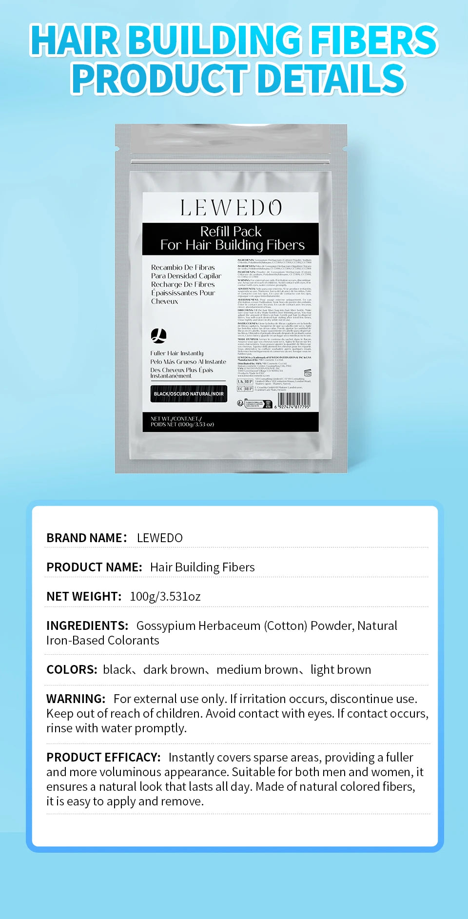 Hair Fibers Powder 100g Instant Hair Growth Fiber Refill Bag Hair Loss Treatment Keratin Hair Building Fiber Salon Hair Care