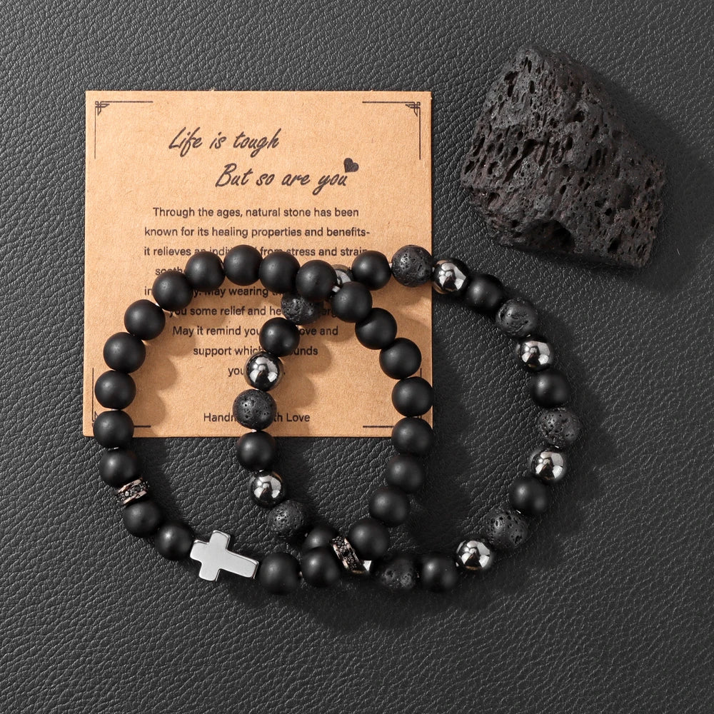 2pcs/set Natural Stone Lion Bracelets For Men Matte Black Onyx Hematite Volcanic Beads Bracelet Skull Fitness Jewelry Gift