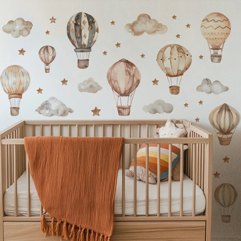 Cartoon Hot Air Balloon Wall Stickers for Kids Rooms Children Room Nursery Baby Room Decoration Cloud Stars Wall Decal Wallpaper