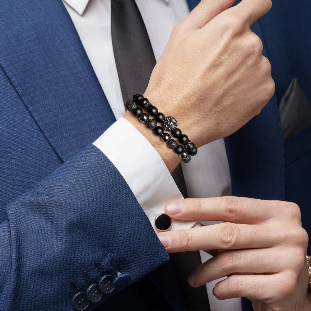 2pcs/set Natural Stone Lion Bracelets For Men Matte Black Onyx Hematite Volcanic Beads Bracelet Skull Fitness Jewelry Gift