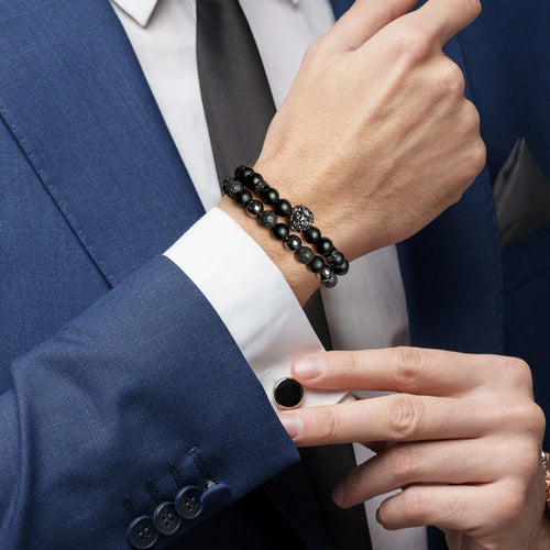 2pcs/set Natural Stone Lion Bracelets For Men Matte Black Onyx Hematite Volcanic Beads Bracelet Skull Fitness Jewelry Gift