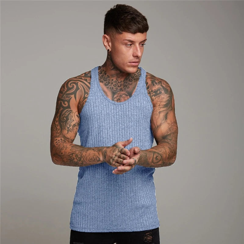 Pit Stripes Knitted Y Back Fitness Tank Tops Mens Bodybuilding Stringer Singlets Slim Fit Muscle Sleeveless Shirt Gym Clothing