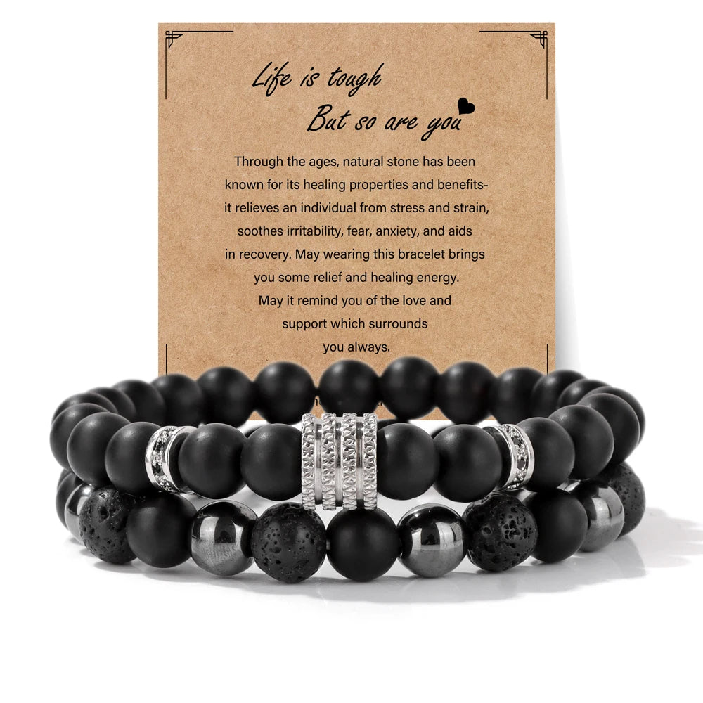 2pcs/set Natural Stone Lion Bracelets For Men Matte Black Onyx Hematite Volcanic Beads Bracelet Skull Fitness Jewelry Gift