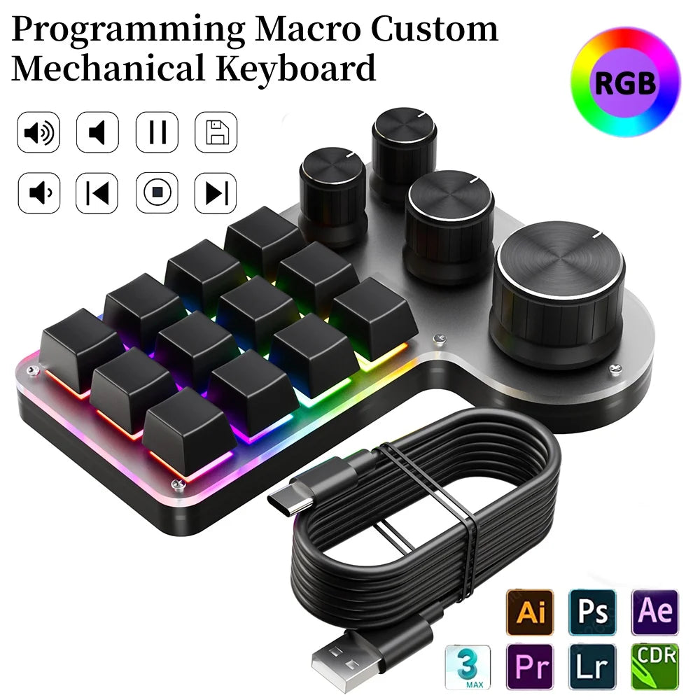 12 teclas 4 botões programação macro teclado personalizado usb com fio/bluetooth-compatível teclado de jogos mecânico para jogadores/designers