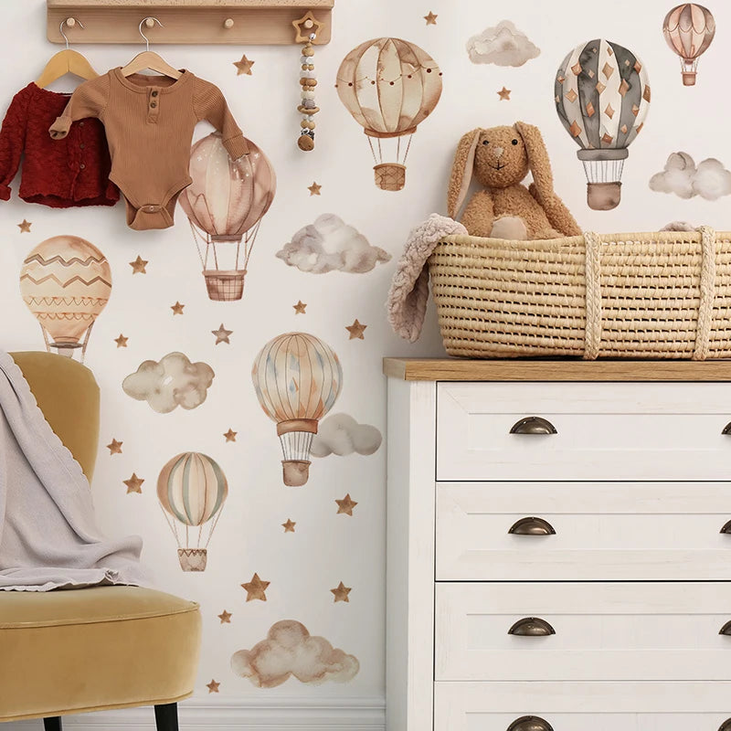 Cartoon Hot Air Balloon Wall Stickers for Kids Rooms Children Room Nursery Baby Room Decoration Cloud Stars Wall Decal Wallpaper
