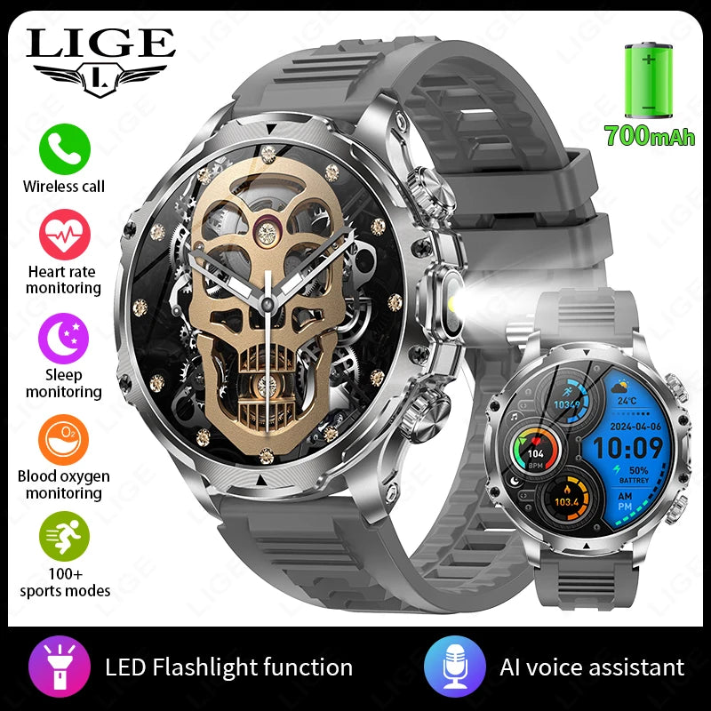 LIGE Men Outdoors Sports Smart Watch AK75 Flashlight 700mah Large Battery Bluetooth Calling LED Light Fitness Tracker Smartwatch