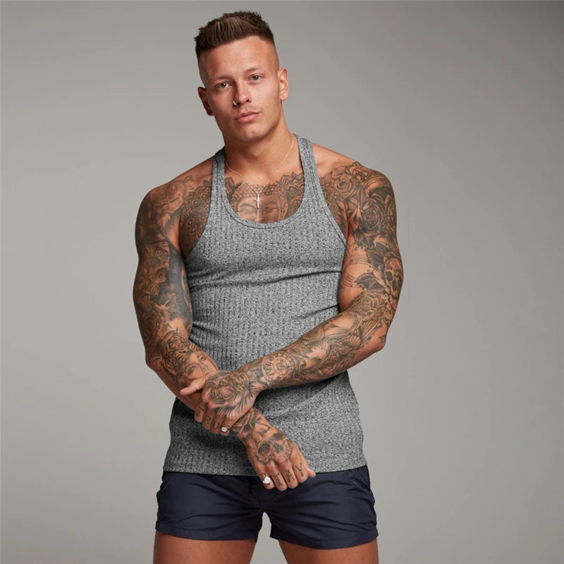 Pit Stripes Knitted Y Back Fitness Tank Tops Mens Bodybuilding Stringer Singlets Slim Fit Muscle Sleeveless Shirt Gym Clothing