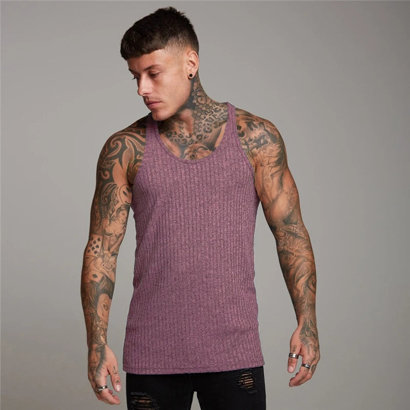 Pit Stripes Knitted Y Back Fitness Tank Tops Mens Bodybuilding Stringer Singlets Slim Fit Muscle Sleeveless Shirt Gym Clothing