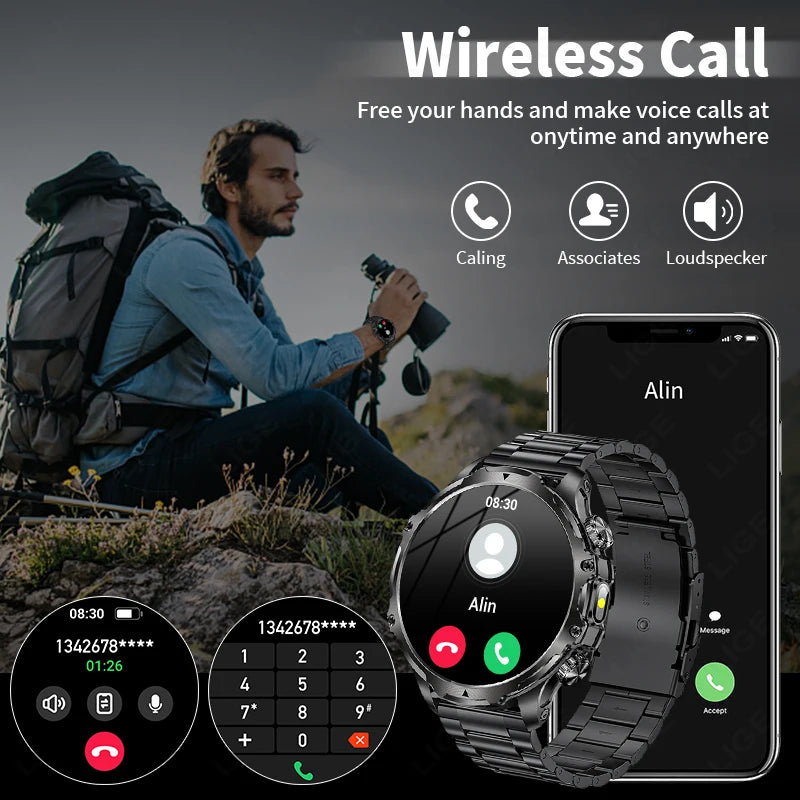 LIGE Men Outdoors Sports Smart Watch AK75 Flashlight 700mah Large Battery Bluetooth Calling LED Light Fitness Tracker Smartwatch