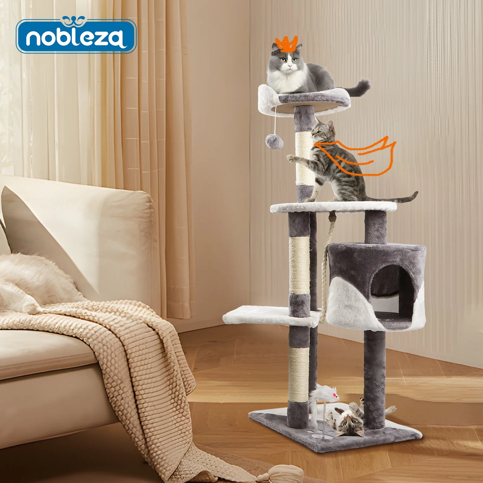 Cat Scratcher, Height 118.5 cm, Stable Cat Tree, 3 Platforms, 1 Cave, 1 Pom Pom, 1 Plush Toy