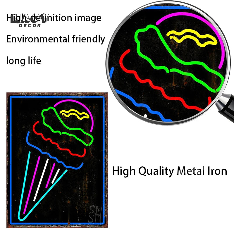 Neon Ice Cream Metal Tin Sign for Dessert Shop Home Kitchen Iron Plate Vintage Poster Cafe Western Restaurant Wall Decor Plaques