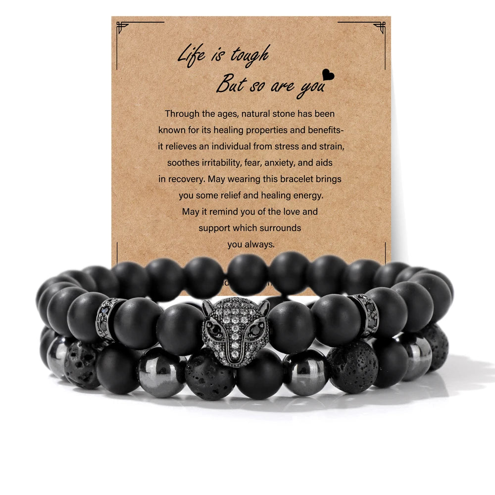 2pcs/set Natural Stone Lion Bracelets For Men Matte Black Onyx Hematite Volcanic Beads Bracelet Skull Fitness Jewelry Gift