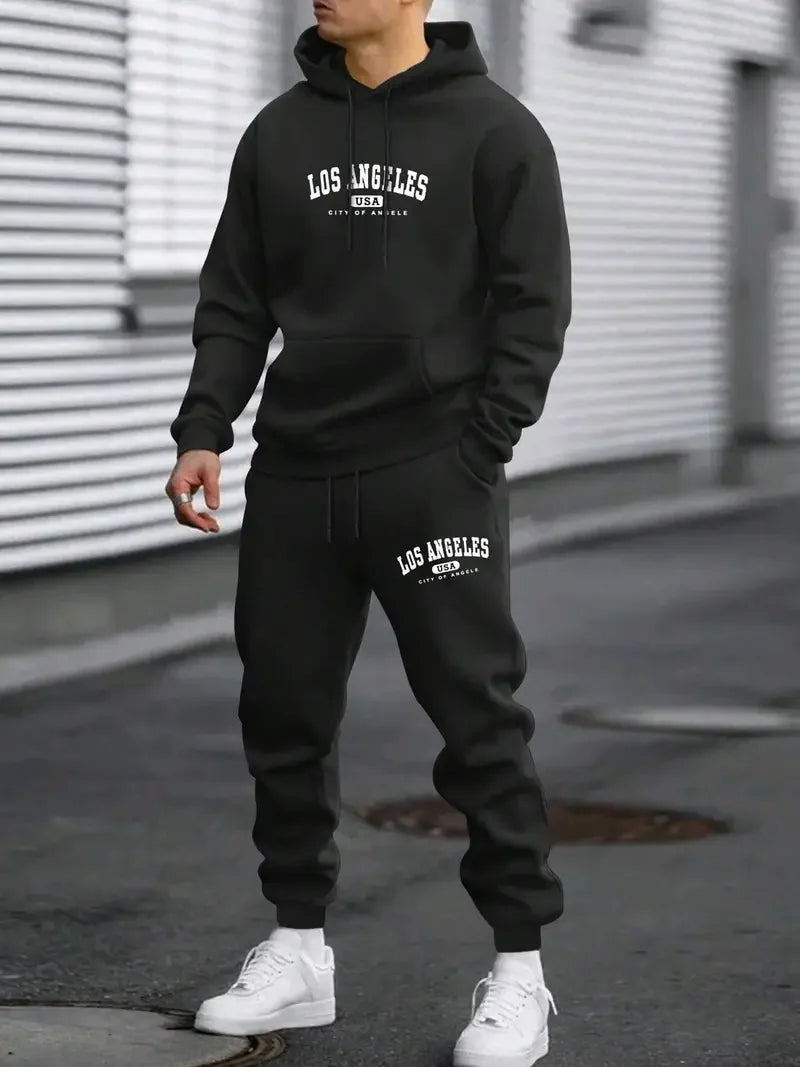 Men's sportswear set, fashionable street style city name printed sportswear for autumn and winter outdoor fitness and jogging ca