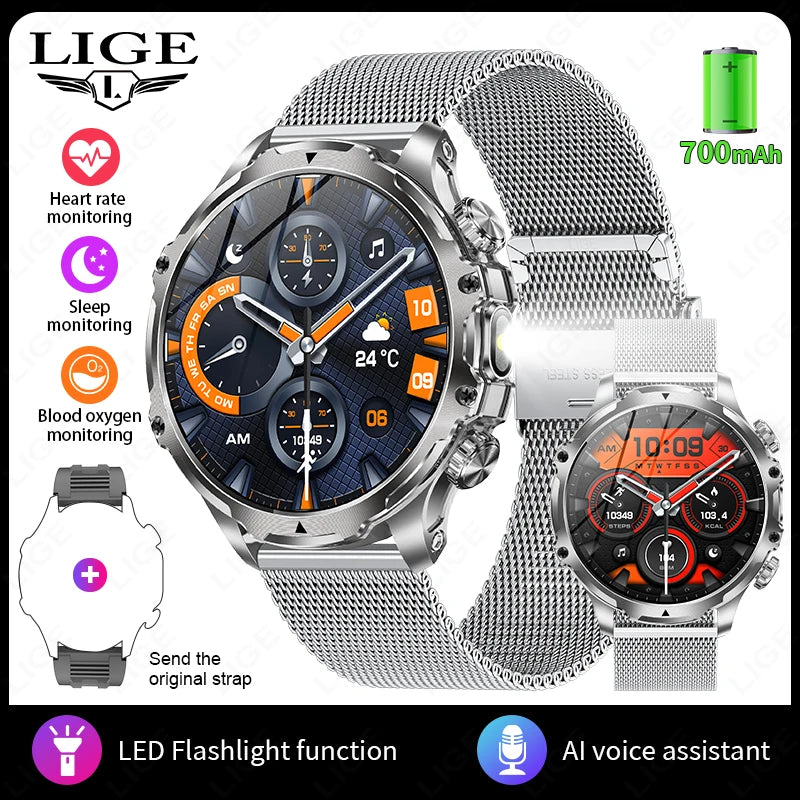 LIGE Men Outdoors Sports Smart Watch AK75 Flashlight 700mah Large Battery Bluetooth Calling LED Light Fitness Tracker Smartwatch