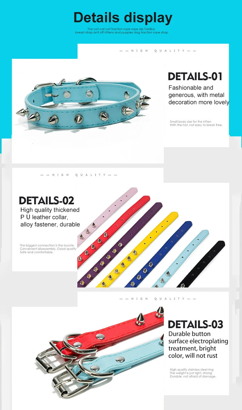 Leather Cat Collar Anti-Bite Studded Cat Collar with Spikes Adjustable Pet Collar for Small Dogs Puppy Kitten Pet Accessories