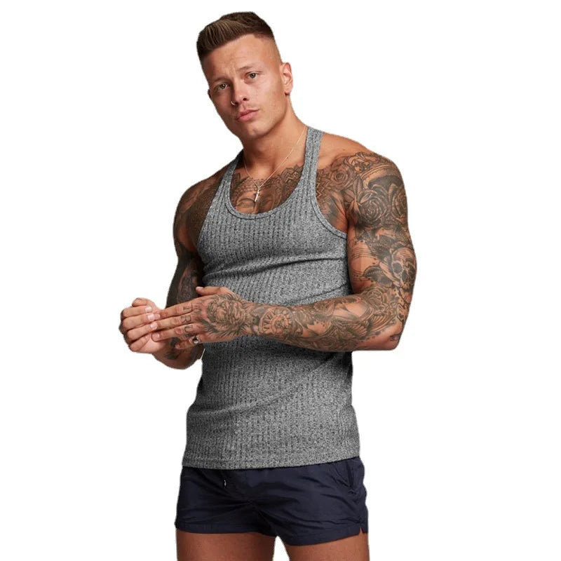 Pit Stripes Knitted Y Back Fitness Tank Tops Mens Bodybuilding Stringer Singlets Slim Fit Muscle Sleeveless Shirt Gym Clothing