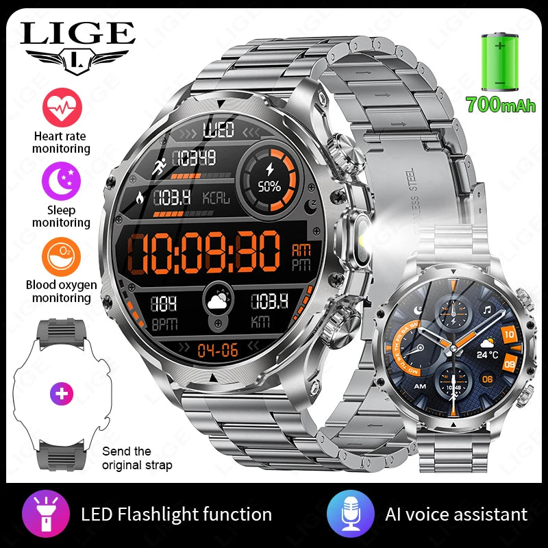 LIGE Men Outdoors Sports Smart Watch AK75 Flashlight 700mah Large Battery Bluetooth Calling LED Light Fitness Tracker Smartwatch