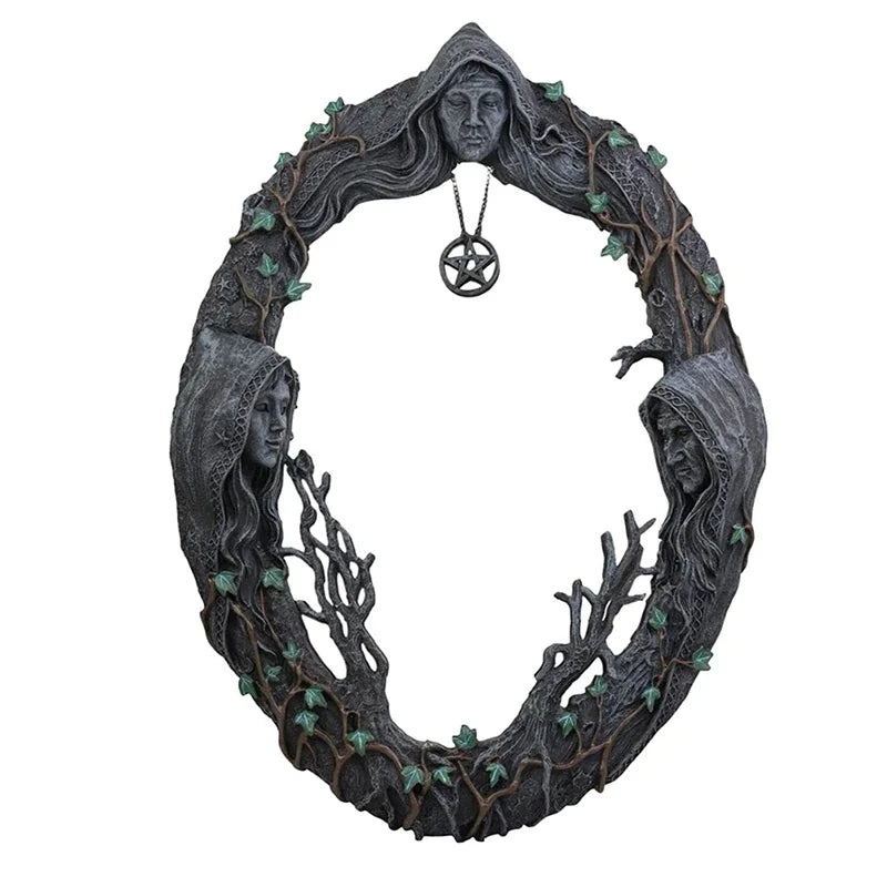 Celtic Sacred Moon Triple Goddess Mother Maiden Crone Wall Hanging Mirror With Pentagram Amulet Pendant Plaque Decor