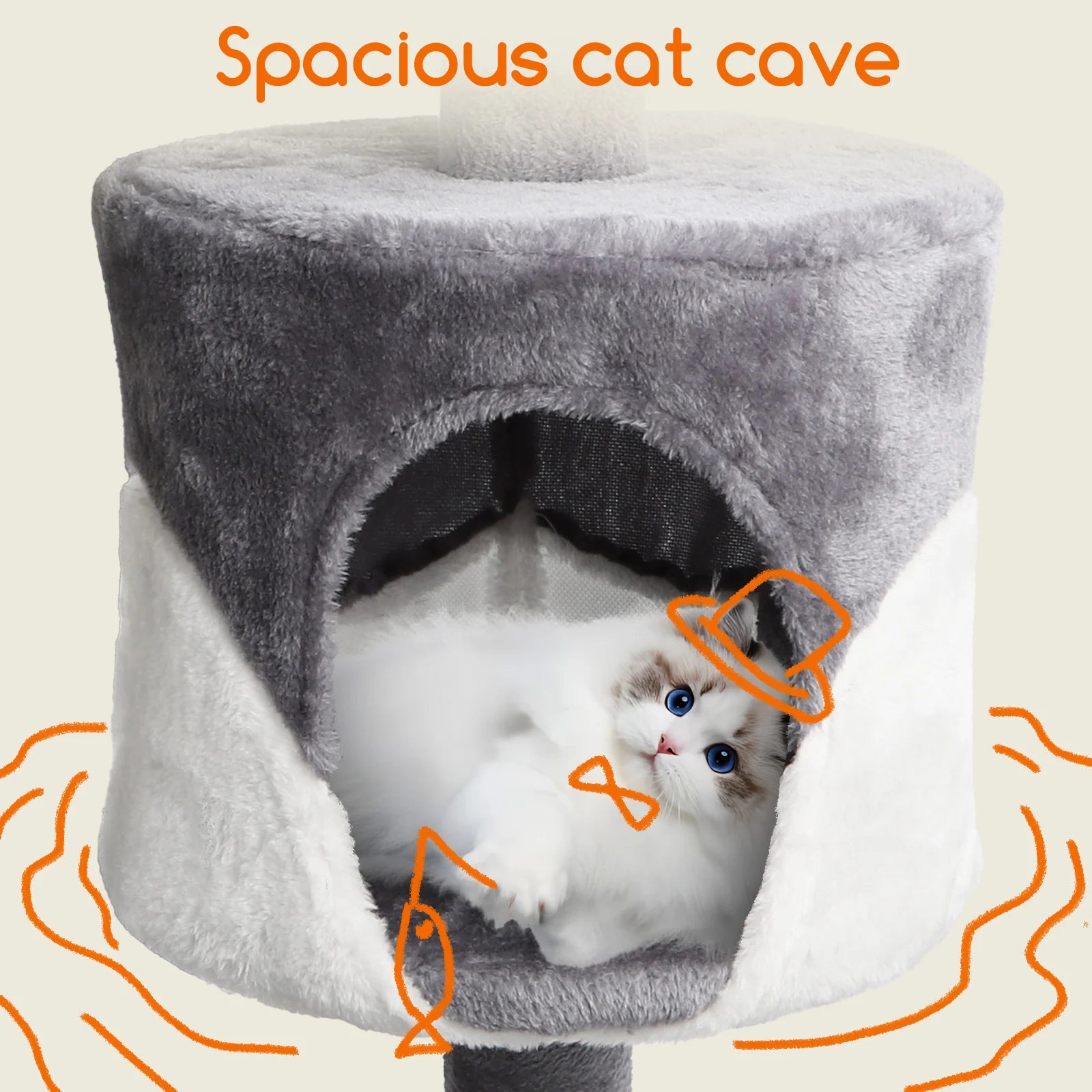 Cat Scratcher, Height 118.5 cm, Stable Cat Tree, 3 Platforms, 1 Cave, 1 Pom Pom, 1 Plush Toy