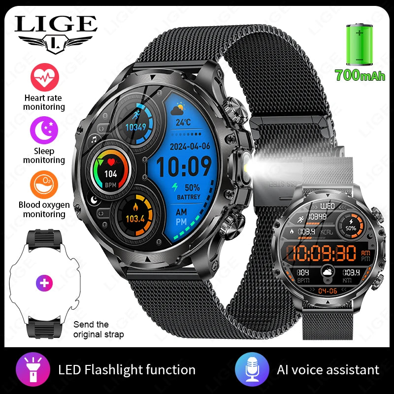 LIGE Men Outdoors Sports Smart Watch AK75 Flashlight 700mah Large Battery Bluetooth Calling LED Light Fitness Tracker Smartwatch