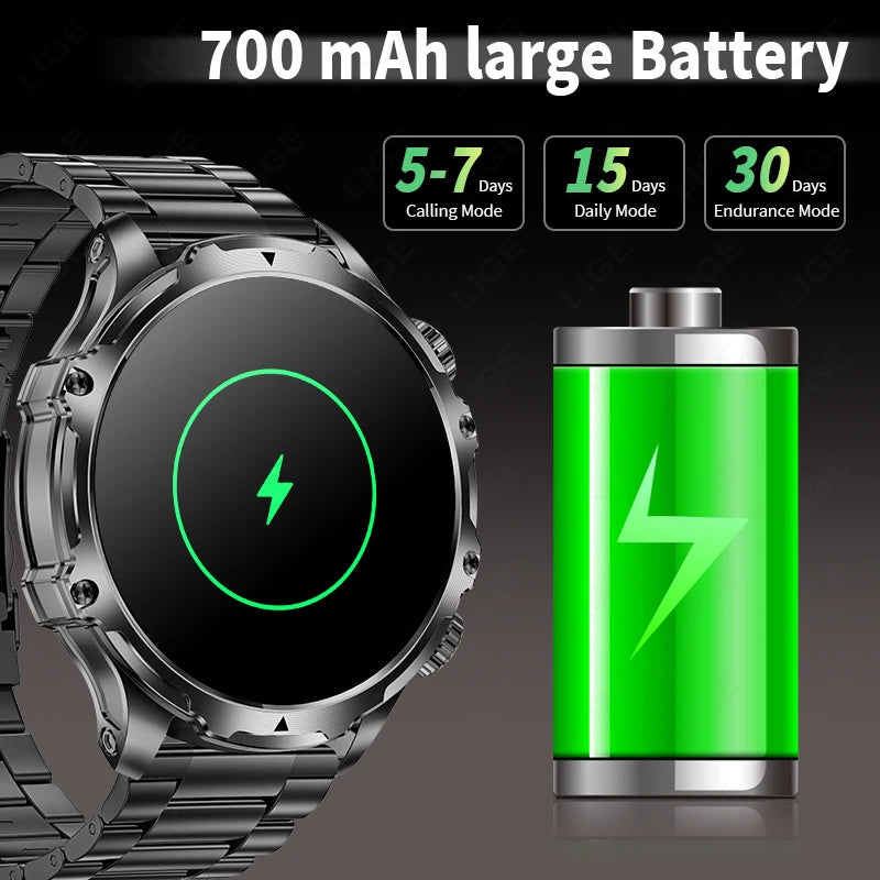 LIGE Men Outdoors Sports Smart Watch AK75 Flashlight 700mah Large Battery Bluetooth Calling LED Light Fitness Tracker Smartwatch