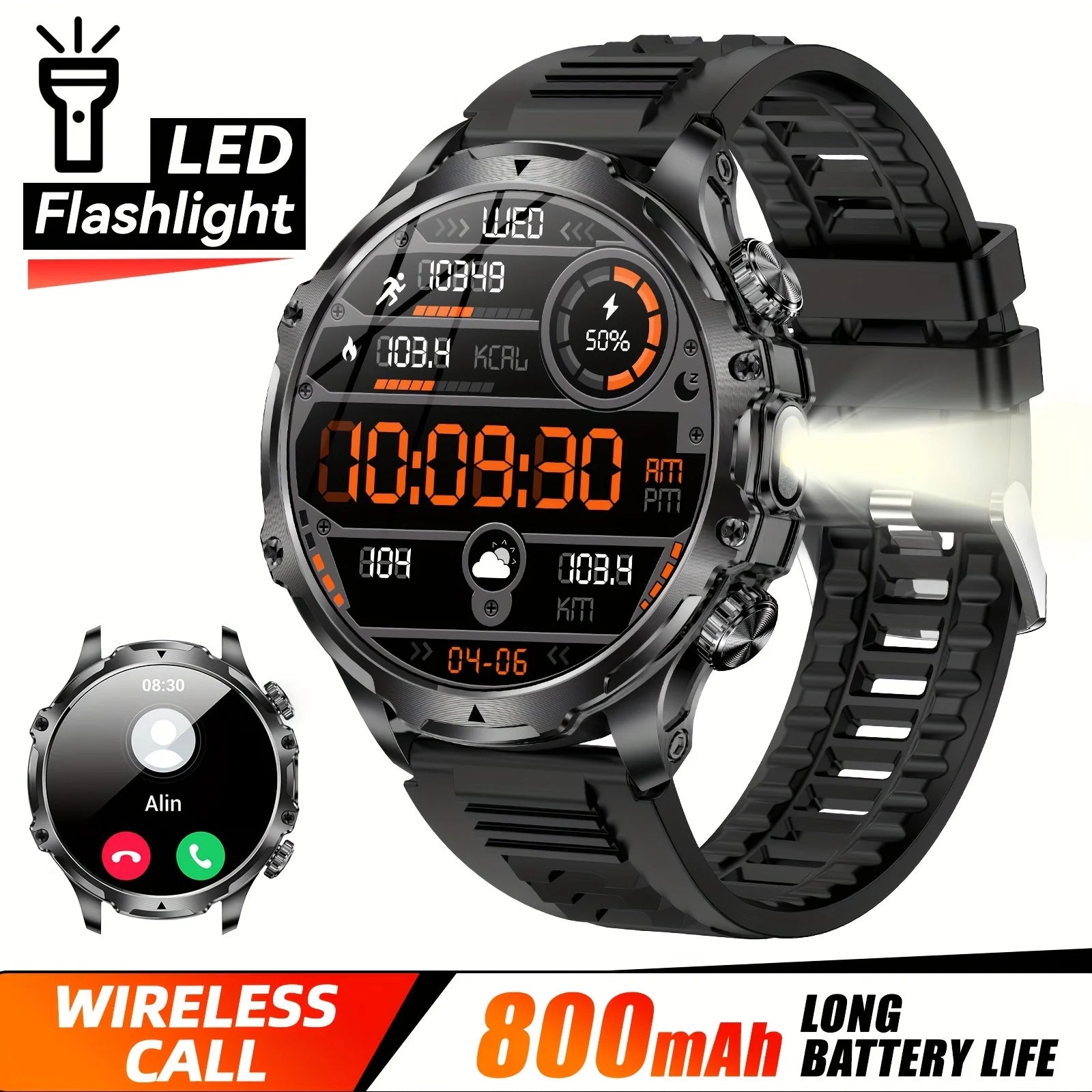 2025 New 1.9inch Men Smart Watch Flashlight Outdoors Sports Fitness Tracker 800mah Large Battery IPX8 Waterproof LED Smartwatch