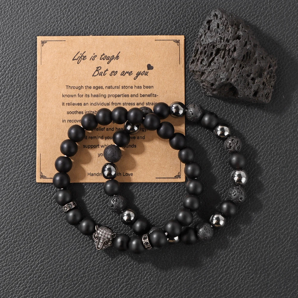 2pcs/set Natural Stone Lion Bracelets For Men Matte Black Onyx Hematite Volcanic Beads Bracelet Skull Fitness Jewelry Gift