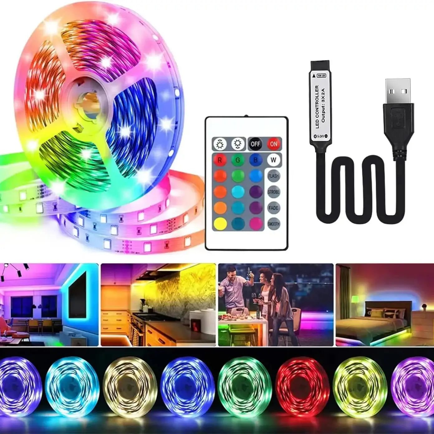 60LEDs/m USB LED Lights Strip Tape 2m 2835 24 Key IR Remote Control for Kitchen Closet Bedroom PC TV Backlight Home Lighting