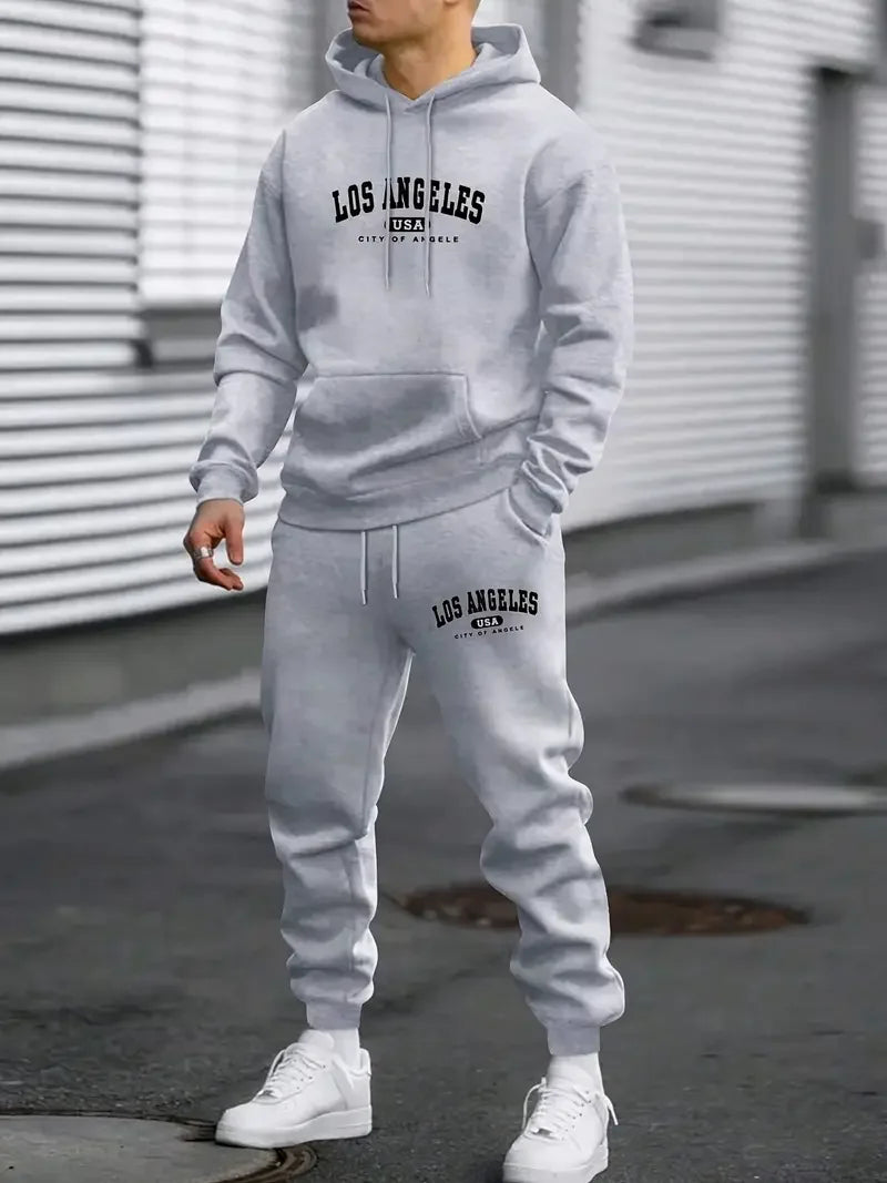 Men's sportswear set, fashionable street style city name printed sportswear for autumn and winter outdoor fitness and jogging ca