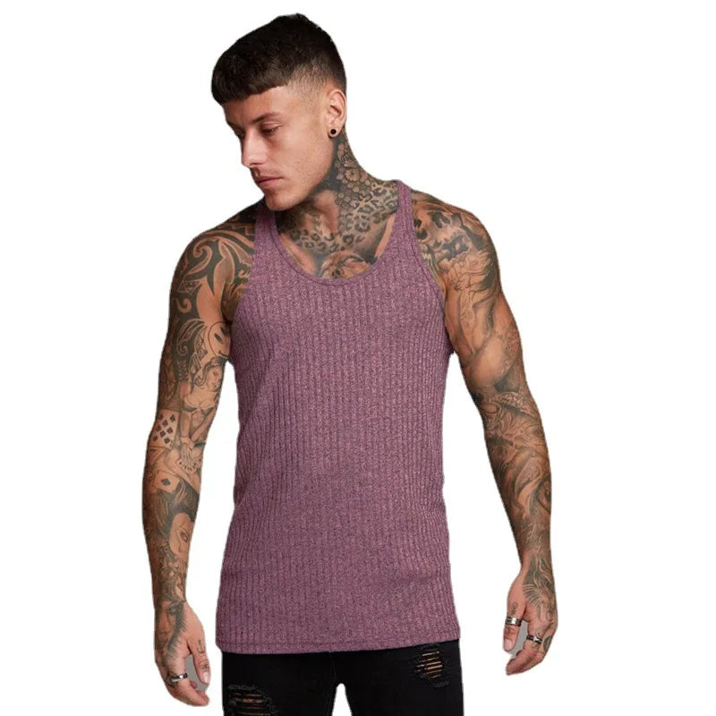Pit Stripes Knitted Y Back Fitness Tank Tops Mens Bodybuilding Stringer Singlets Slim Fit Muscle Sleeveless Shirt Gym Clothing
