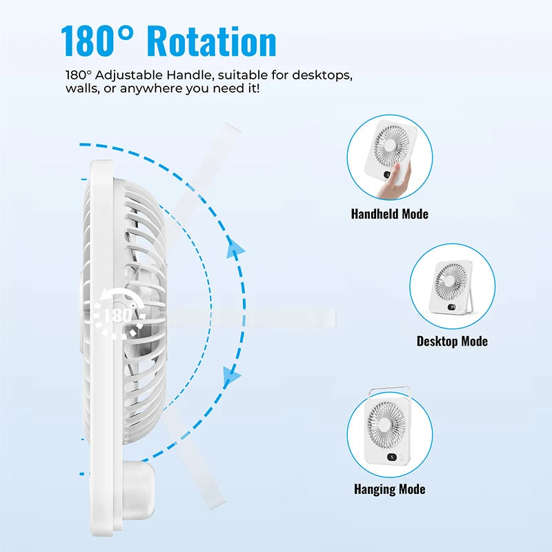 Portable Fan Rechargeable Desktop Fan 180° Rotatable Hanging Fan with Display screen Air Cooler for Outdoor Camping Ventilador