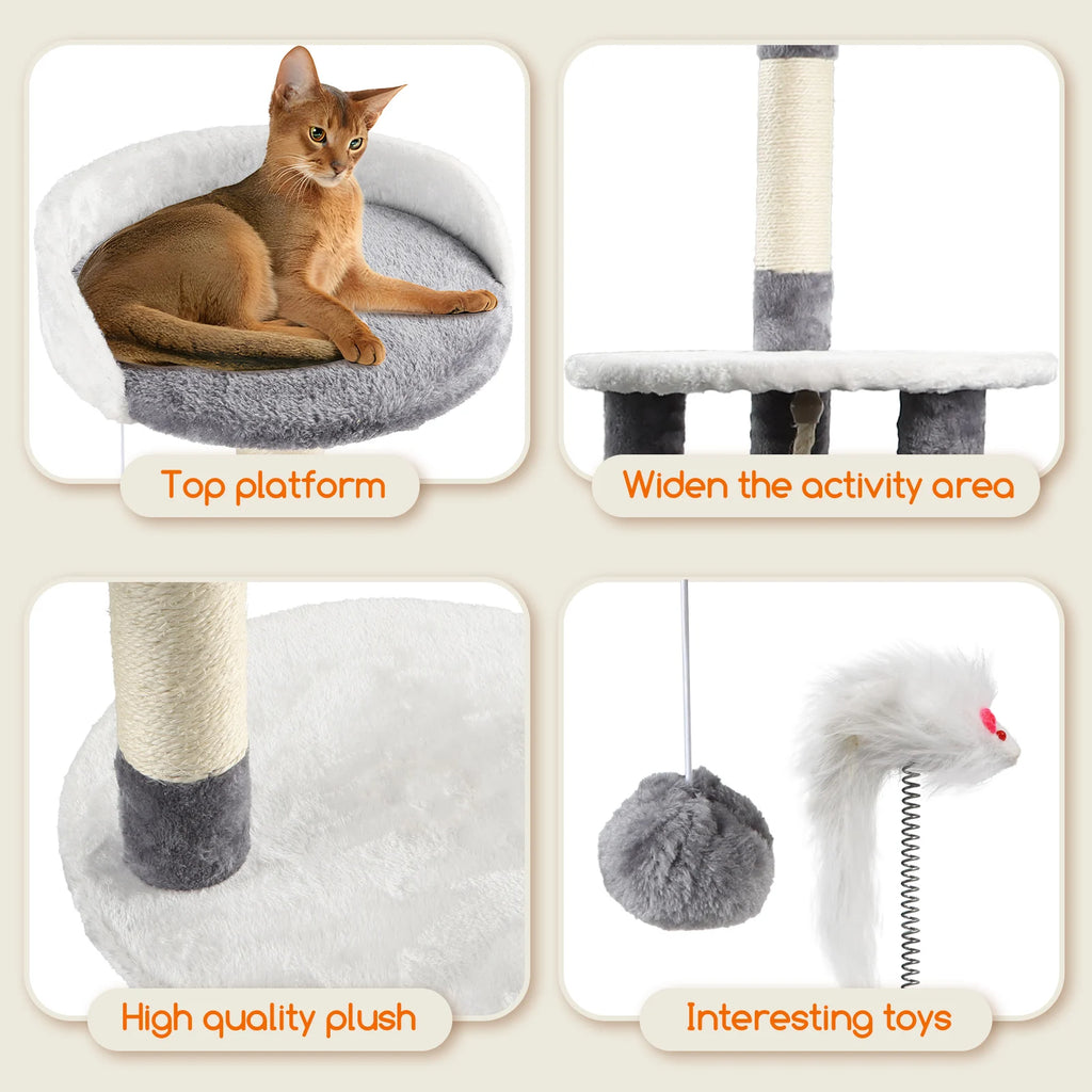 Cat Scratcher, Height 118.5 cm, Stable Cat Tree, 3 Platforms, 1 Cave, 1 Pom Pom, 1 Plush Toy