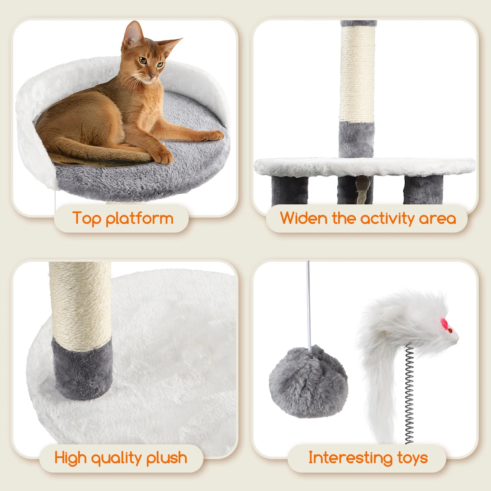 Cat Scratcher, Height 118.5 cm, Stable Cat Tree, 3 Platforms, 1 Cave, 1 Pom Pom, 1 Plush Toy