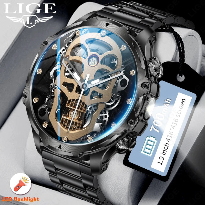 LIGE Men Outdoors Sports Smart Watch AK75 Flashlight 700mah Large Battery Bluetooth Calling LED Light Fitness Tracker Smartwatch