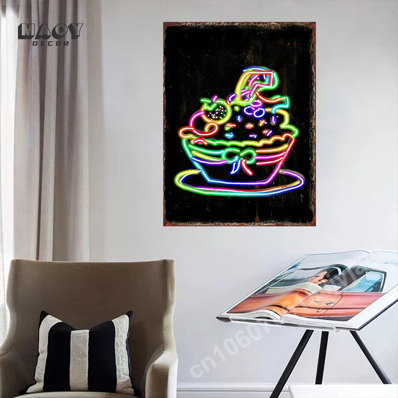 Neon Ice Cream Metal Tin Sign for Dessert Shop Home Kitchen Iron Plate Vintage Poster Cafe Western Restaurant Wall Decor Plaques