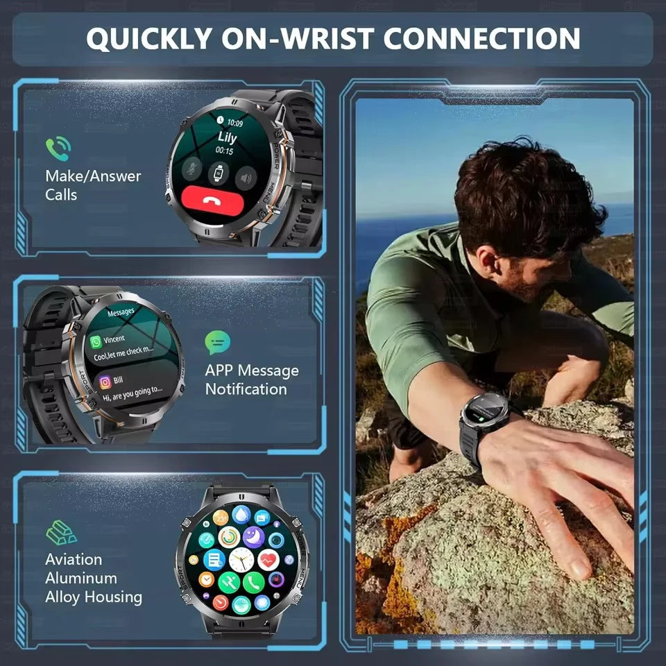 2026 New Outdoors Sports Smart Watch Screen 10ATM Waterproof 1000mAh Sports Blood oxygen BT call Men Fitness Smart Bracelets