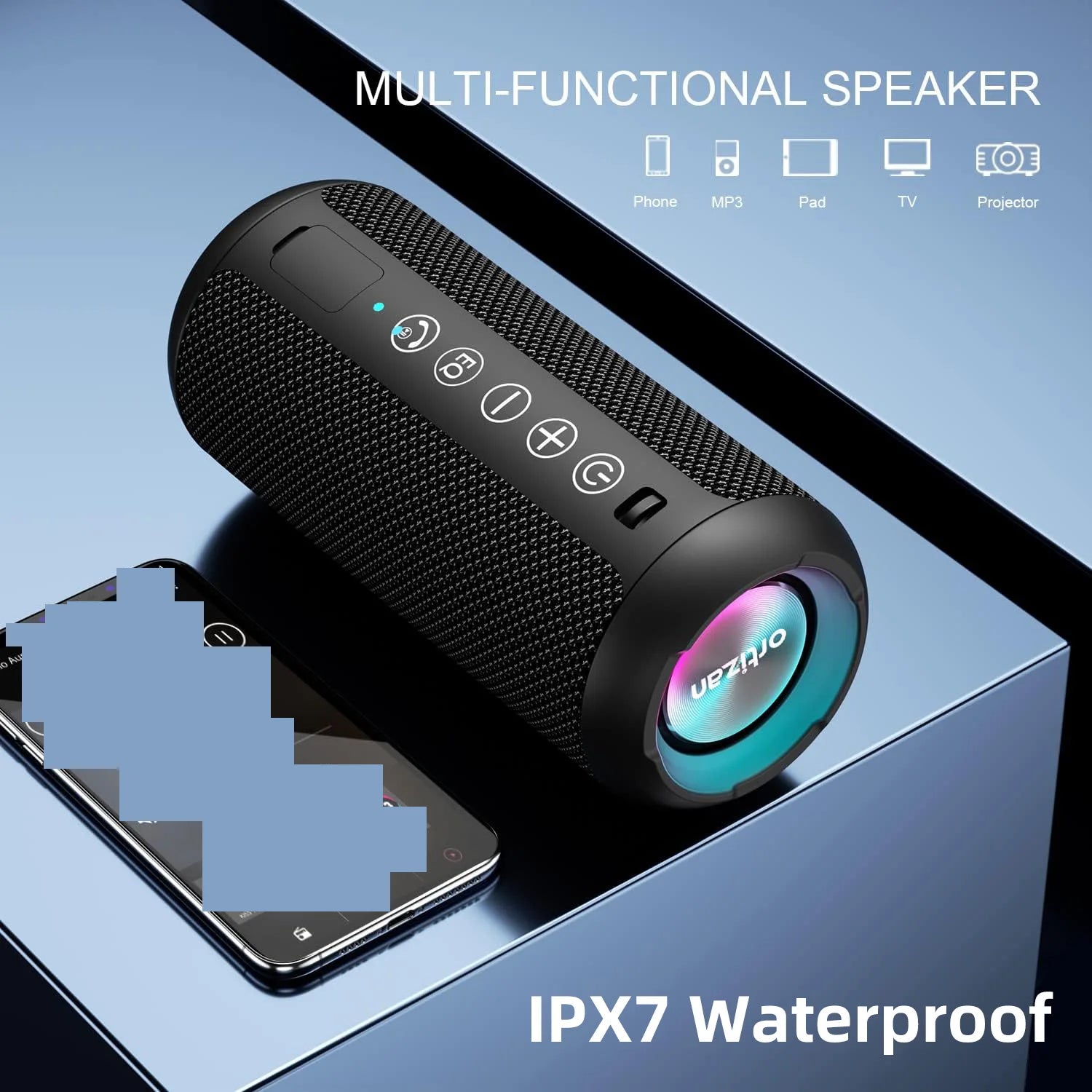 Ortizan Portable Wireless Speaker: IPX7 Waterproof, 24W Loud Sound, Deep Bass, LED Lights, Wireless Stereo Pairing
