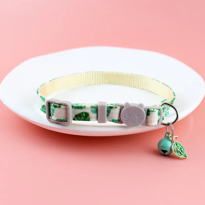 Cat Collar Adjustable Printed Pet Collar with Bell Strawberry and Green Leaf Leash D Ring for Kittens & Puppies Pet Accessories