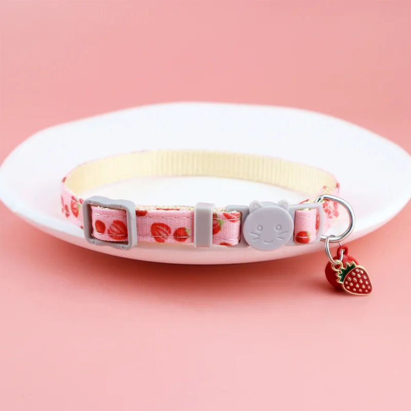 Cat Collar Adjustable Printed Pet Collar with Bell Strawberry and Green Leaf Leash D Ring for Kittens & Puppies Pet Accessories