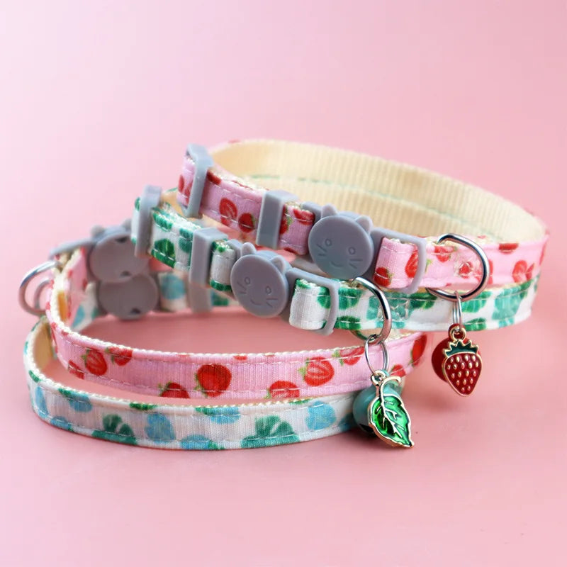 Cat Collar Adjustable Printed Pet Collar with Bell Strawberry and Green Leaf Leash D Ring for Kittens & Puppies Pet Accessories