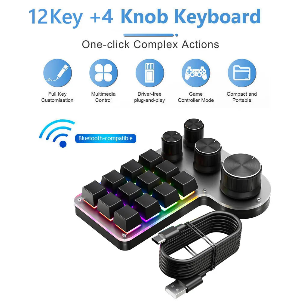 12 teclas 4 botões programação macro teclado personalizado usb com fio/bluetooth-compatível teclado de jogos mecânico para jogadores/designers