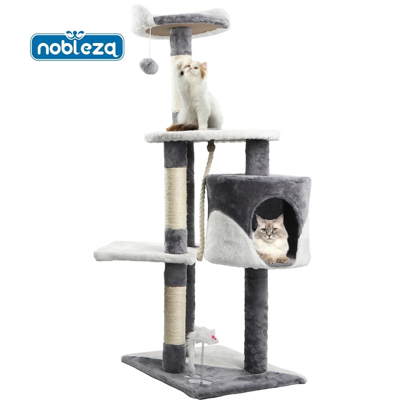 Cat Scratcher, Height 118.5 cm, Stable Cat Tree, 3 Platforms, 1 Cave, 1 Pom Pom, 1 Plush Toy